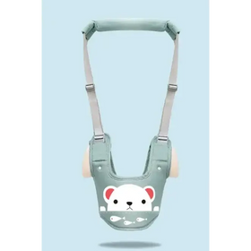 A soft, light green baby walker with a cute white bear face and fish design on the front.