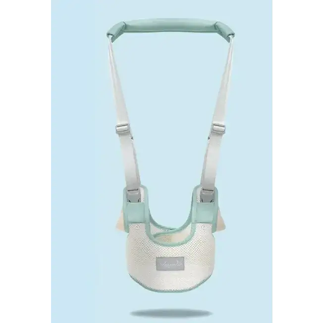 A soft mint-green and off-white mesh baby walker with padded shoulder straps and adjustable buckles.