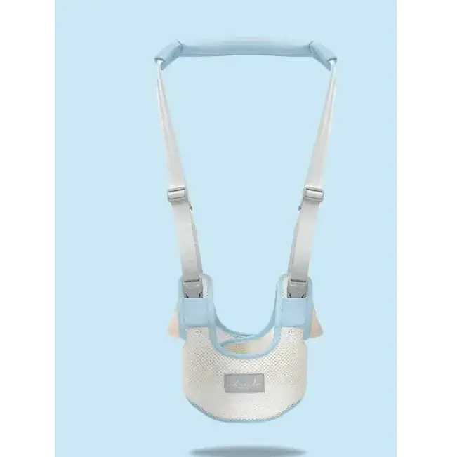 Light blue and off-white baby walker harness with mesh fabric and adjustable straps.