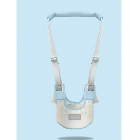 Light blue and off-white baby walker harness with mesh fabric and adjustable straps.