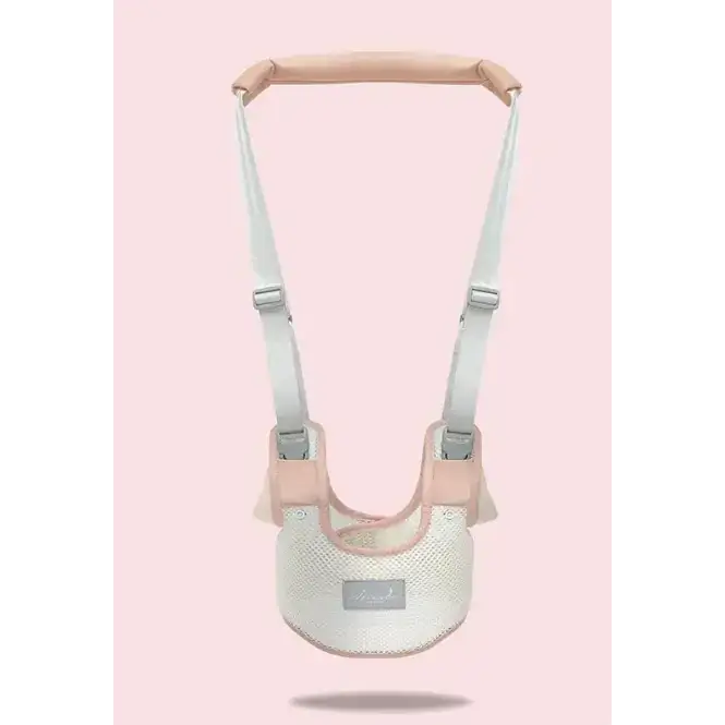 Pink and white mesh baby walker with padded shoulder straps.