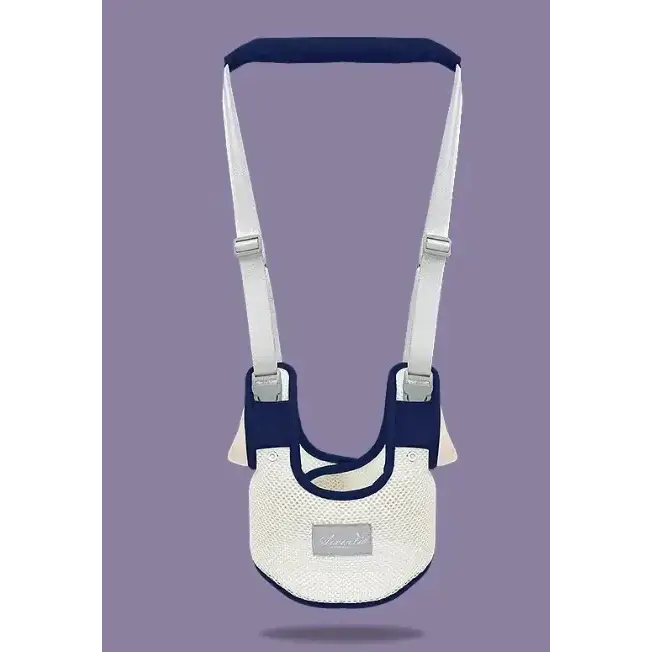 White and navy blue mesh baby walker with adjustable straps and a padded headband.