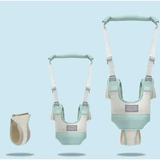 Light blue and cream mesh baby walker with adjustable straps and padded shoulder supports.
