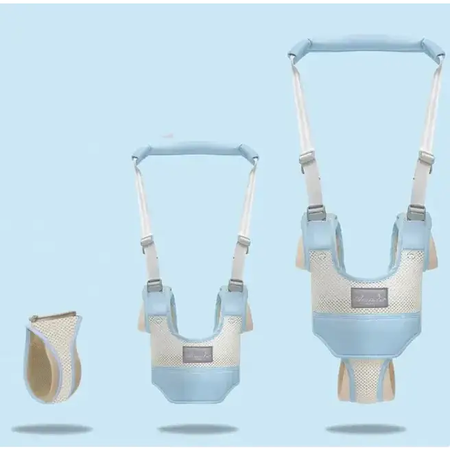 Light blue and beige mesh baby walker harness with adjustable straps and padded shoulder support.