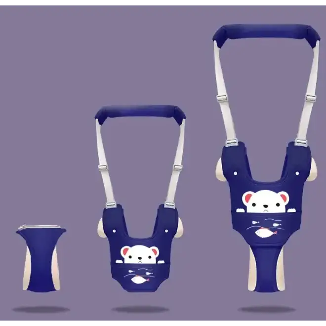 Blue toddler walker with white bear face design and adjustable straps.
