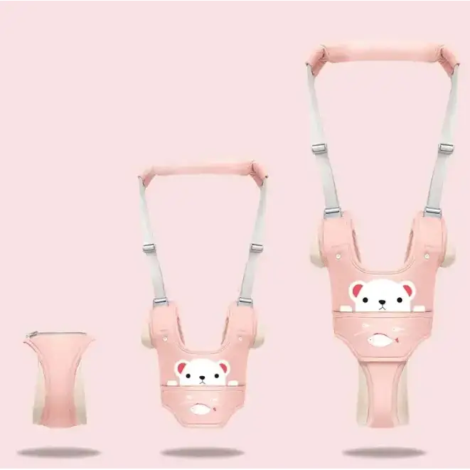 Pink baby walker with white bear face design and adjustable straps.