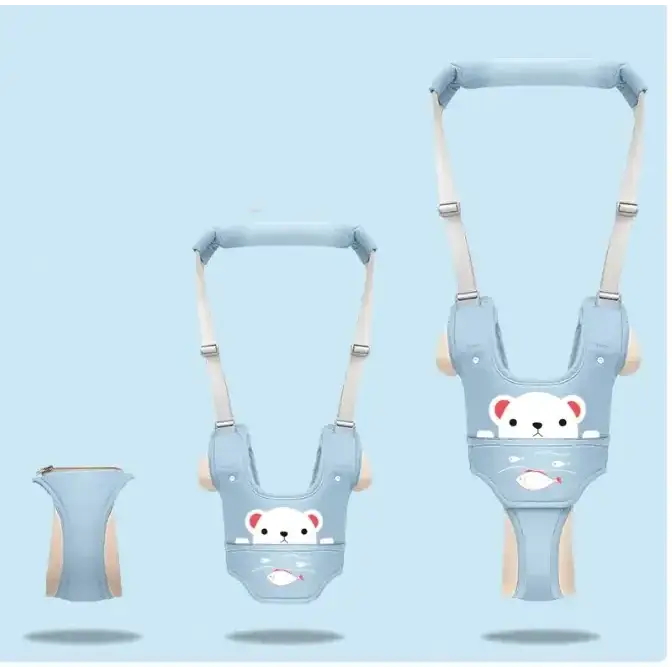 Light blue baby walker with beige straps and a cute white bear face design.