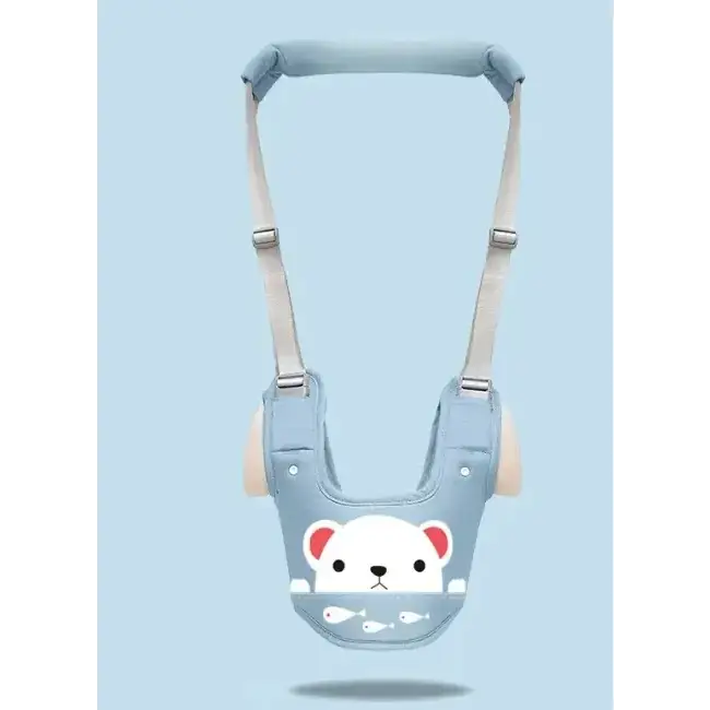 Light blue baby walker with a cute white polar bear face and fish design on the front.