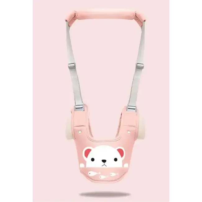 Pink baby walker with a cute white bear face and fish design on the front.