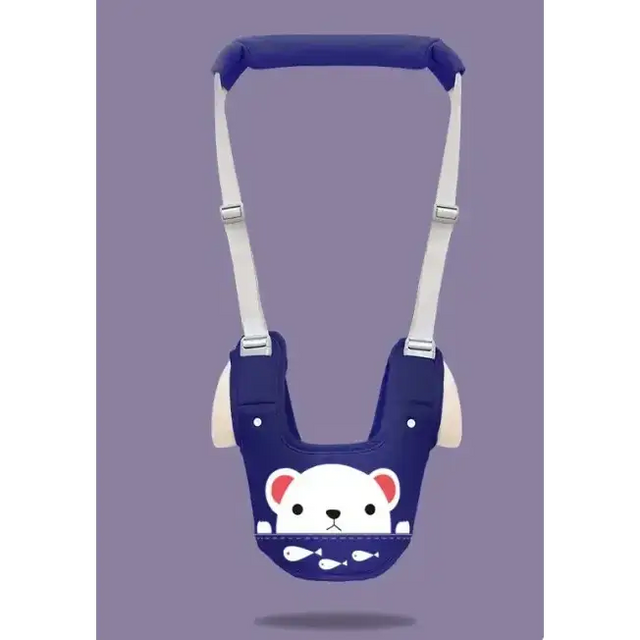 Blue baby walker with white bear face and fish design on front.