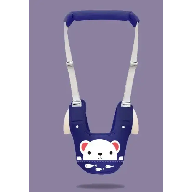 Blue baby walker with white bear face and fish design on front.