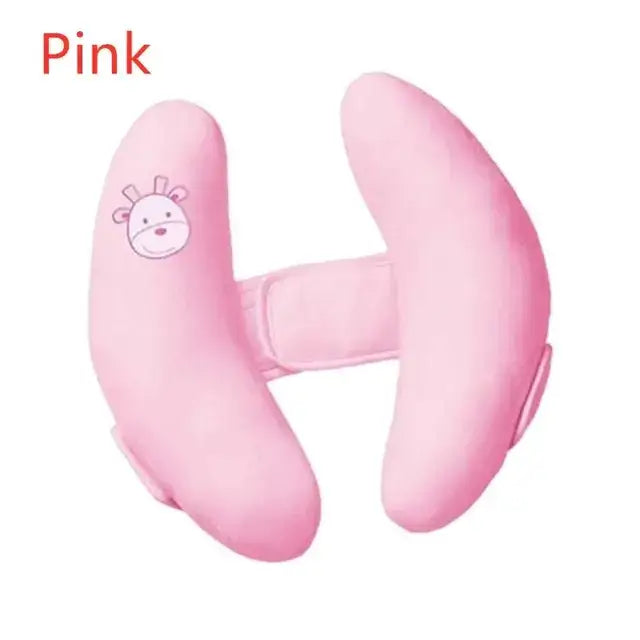 Pink plush giraffe-themed baby car seat safety harness.