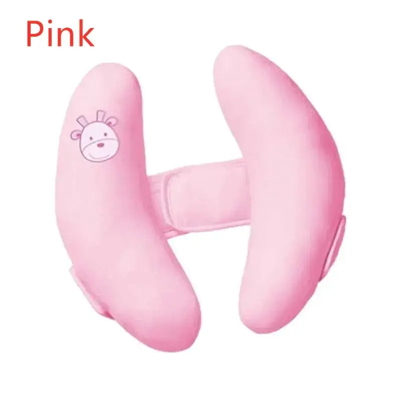 Pink plush giraffe-themed u-shaped neck pillow.