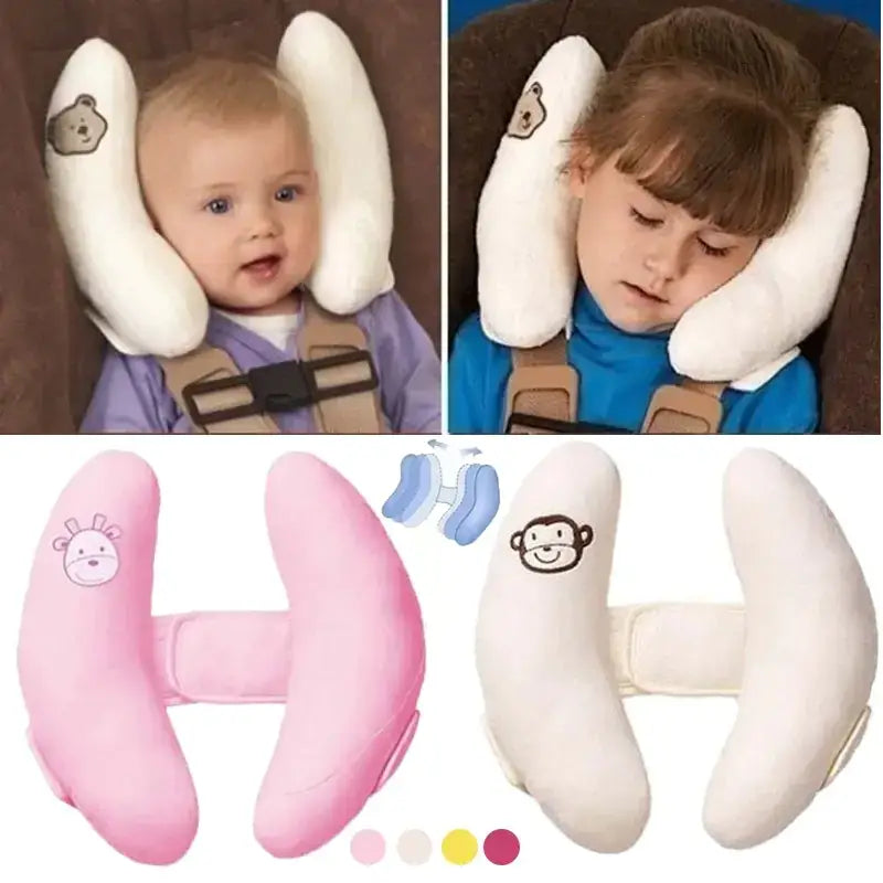 Soft, plush baby car seat neck pillow with a cute animal face patch and adjustable strap.