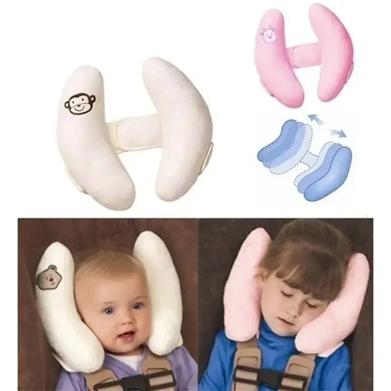 Soft, plush h-shaped infant car seat head support pillow with embroidered animal faces in white and pink.