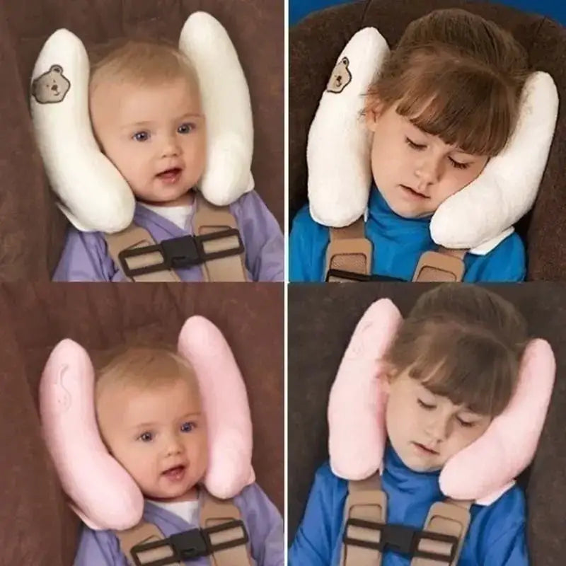 White and pink plush ear-shaped travel neck pillows with embroidered bear faces.