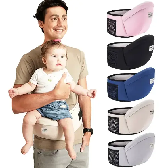 Beige baby carrier belt with mesh side panels and adjustable straps.