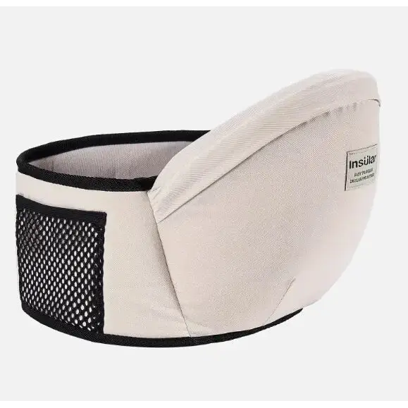 Beige insulor baby carrier with black mesh panel and trim.