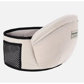 Beige insulor baby carrier with black mesh panel and trim.