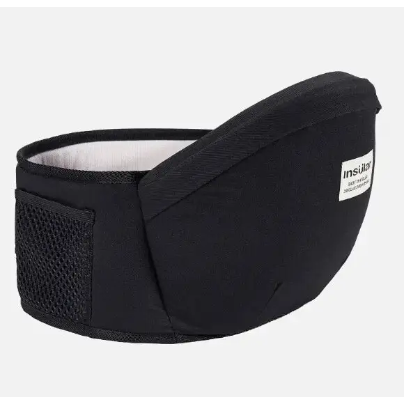 Black insulier waist pouch with mesh side pocket and white interior lining.
