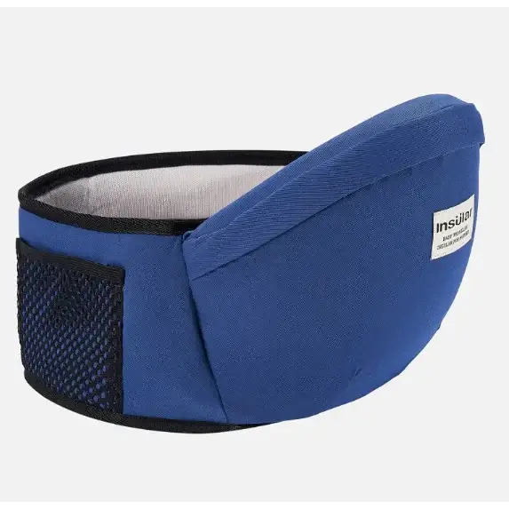 Blue insilier baby carrier with mesh side panel and black trim.