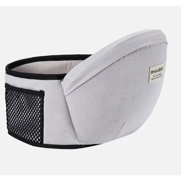 Light gray fabric baby carrier with black mesh side pocket and trim.