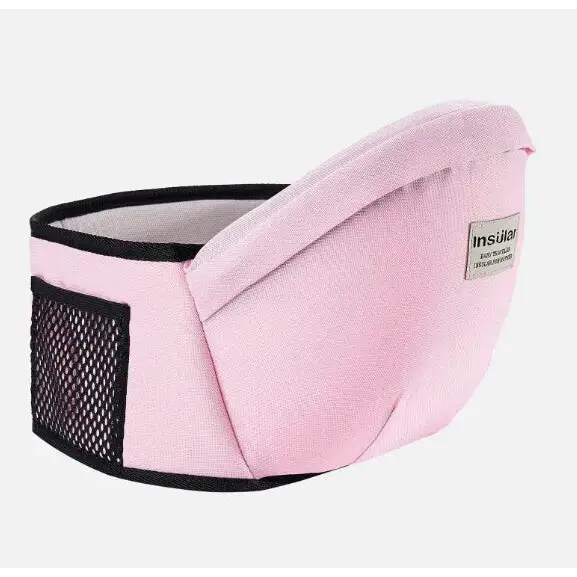 Pink fabric baby carrier with black trim and mesh pocket, featuring a branded label.