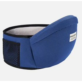 Blue insilier baby carrier with mesh side panel and black trim.
