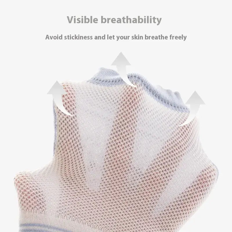 White mesh fingerless glove with light blue trim, designed for breathable comfort.