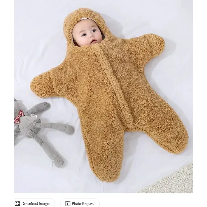 A soft, tan star-shaped baby sleeper made of plush fleece with a hood and zipper front.