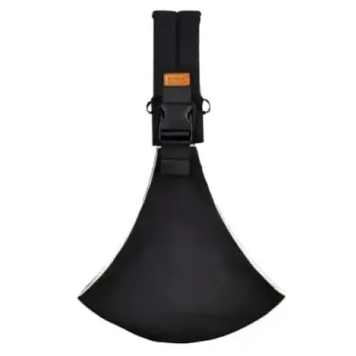 Black axe-shaped tool with a padded, contoured handle and adjustable strap for secure grip.