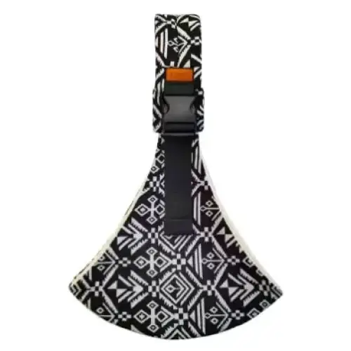 Black and white geometric-patterned baby carrier with a black strap and an orange buckle.