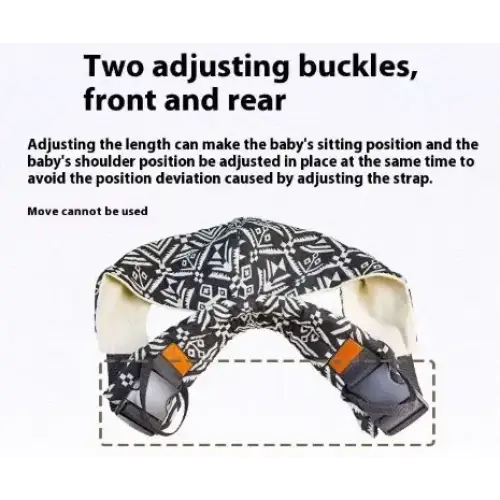 Black and white patterned baby carrier with orange accent buckles.