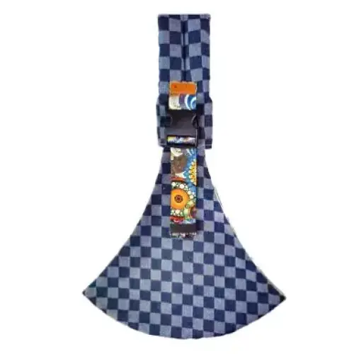 Blue and white checkered fabric axe-shaped wallet with a colorful, patterned strap.