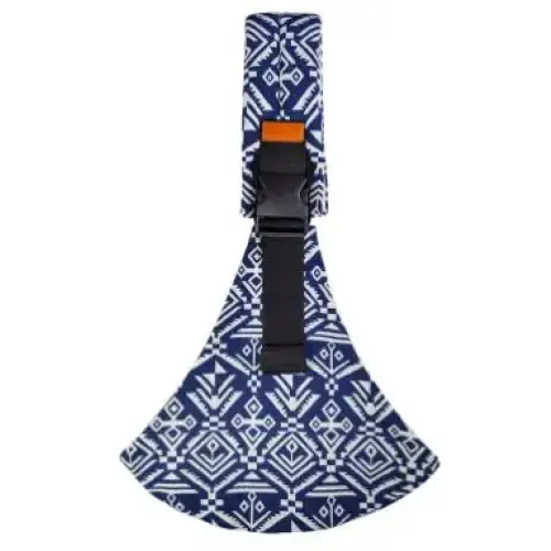 Blue and white geometric-patterned fabric baby carrier strap with black buckle.