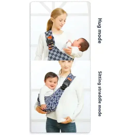 Blue and white patterned baby carrier with adjustable straps