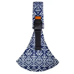 Blue and white geometric-patterned fabric baby carrier strap with black buckle.