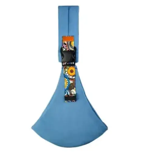 Blue fabric pet harness with a colorful floral-patterned strap and black buckle.