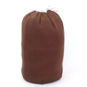 Brown fabric drawstring bag with a gathered top and white cord.