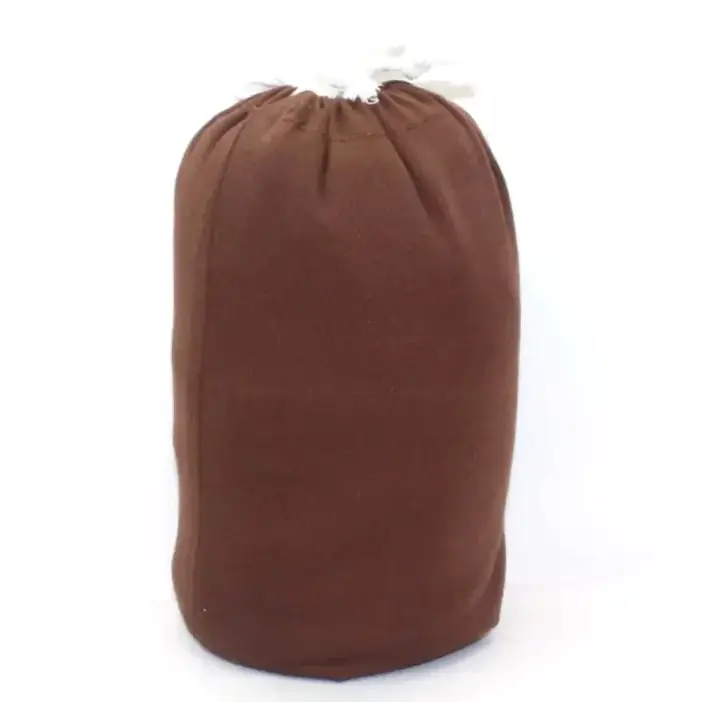Brown fabric drawstring bag with a gathered top and white cord.