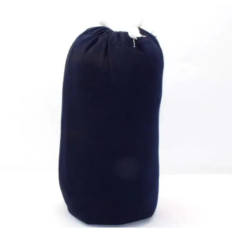 Black fabric drawstring bag with a slightly frayed white cord at the top.