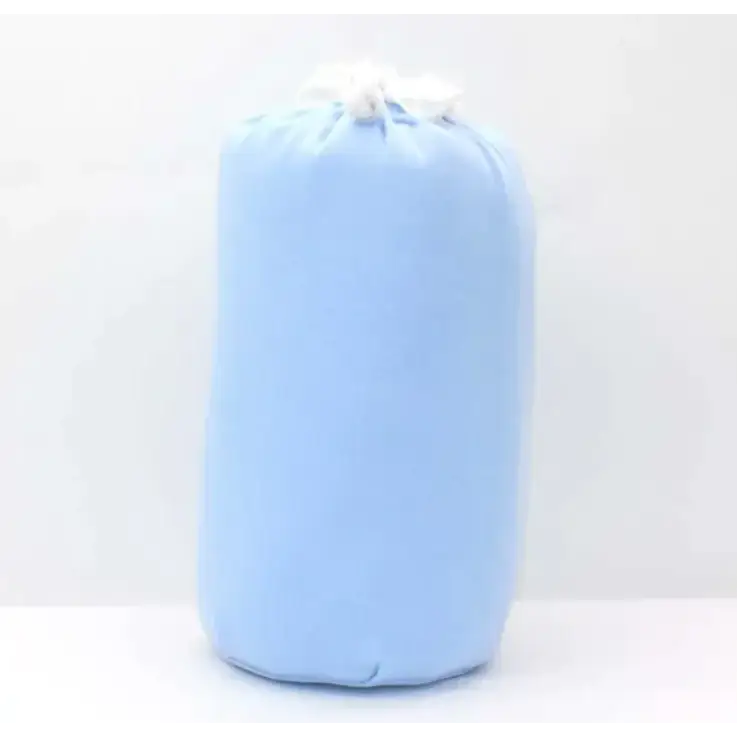 Light blue fabric travel bag with a white drawstring closure.