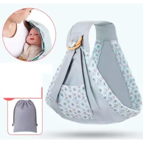 Gray baby sling with a floral patterned border and soft fabric, featuring adjustable straps for comfortable carrying.