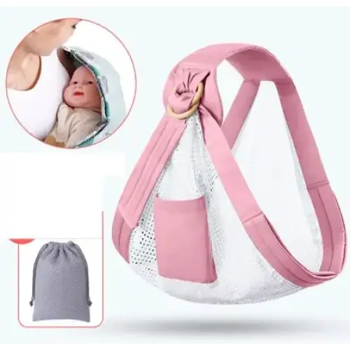 Pink mesh baby carrier with adjustable straps and a front pocket, designed for comfortable infant carrying.
