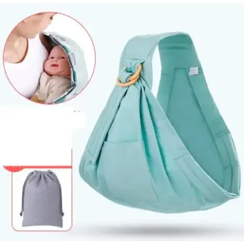 Teal-colored baby sling with soft fabric and wooden ring accent.