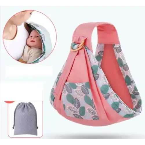 Pink leaf-patterned baby sling with a matching gray storage pouch.