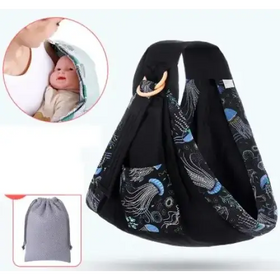 Black baby sling with a blue and gray jellyfish pattern, featuring adjustable straps and a wooden ring for secure carrying.