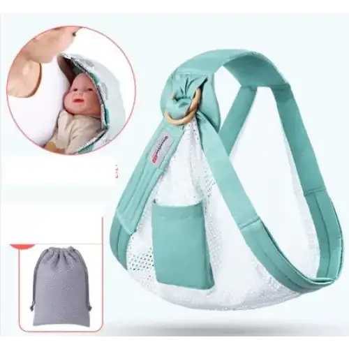 Teal mesh baby carrier with padded shoulder straps and a front pocket, featuring a gold-toned ring for attachment.