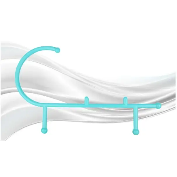 A turquoise plastic toothbrush holder with a curved top and four vertical supports.