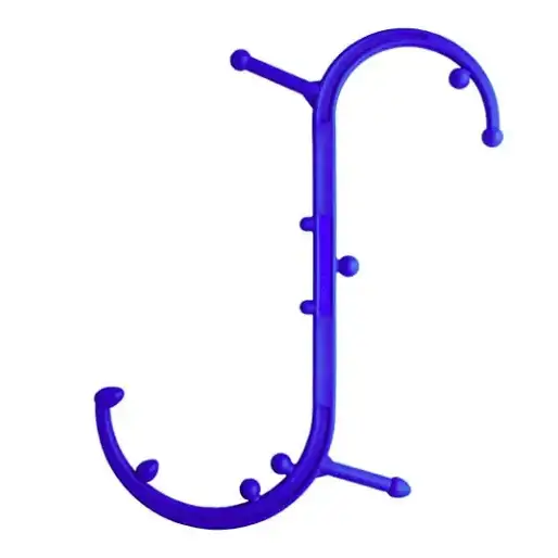 Purple plastic coat rack with multiple hooks.
